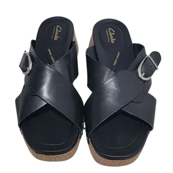 Clarks Sivanne Walk Wedge Sandal Black Leather Slip On Clog Slide Women’s 8.5 - Picture 11 of 17